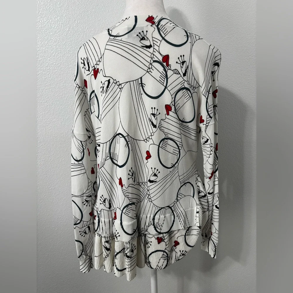 Bimba Y Lola Ruffle Sweater Faces Print Stretchy Knit Jumper Off White Color Med